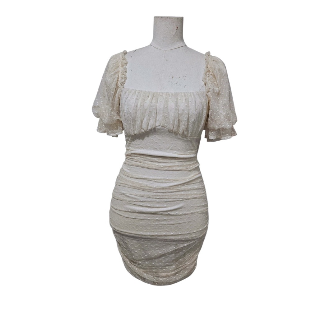 Privy Cream Swiss Dot Ruched Bodycon Mini Dress Puff Sleeve Square Neck Size M
